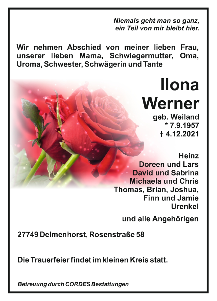  Traueranzeige für Ilona Werner vom 08.12.2021 aus 