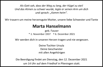 Todesanzeige von Marta Hanselmann von Trauer.de