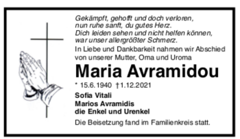 Todesanzeige von Maria Avramidou von trauer.de