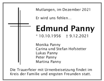 Todesanzeige von Edmund Panny von trauer.de