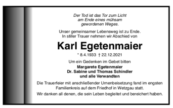 Todesanzeige von Karl Egetenmaier von trauer.de