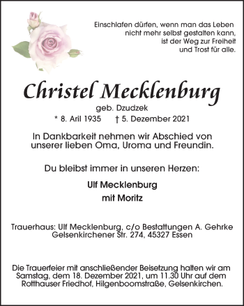 Todesanzeige von Christel Mecklenburg von waz