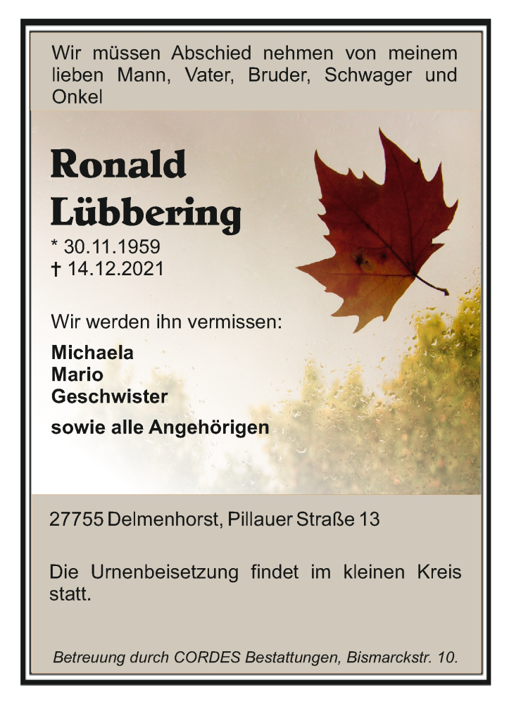  Traueranzeige für Ronald Lübbering vom 18.12.2021 aus trauer.de