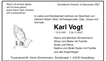 Todesanzeige von Karl Vogt von Trauer.de