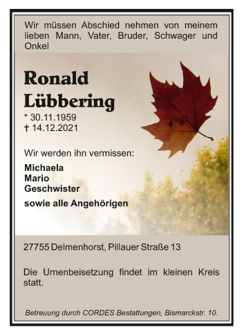 Todesanzeige von Ronald Lübbering von trauer.de