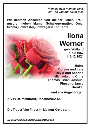 Todesanzeige von Ilona Werner 