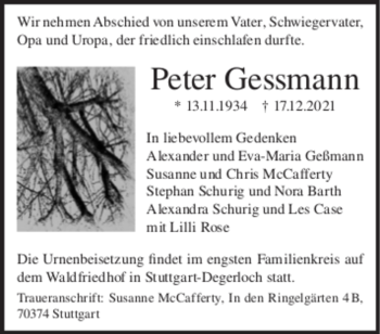 Todesanzeige von Peter Gessmann von trauer.de