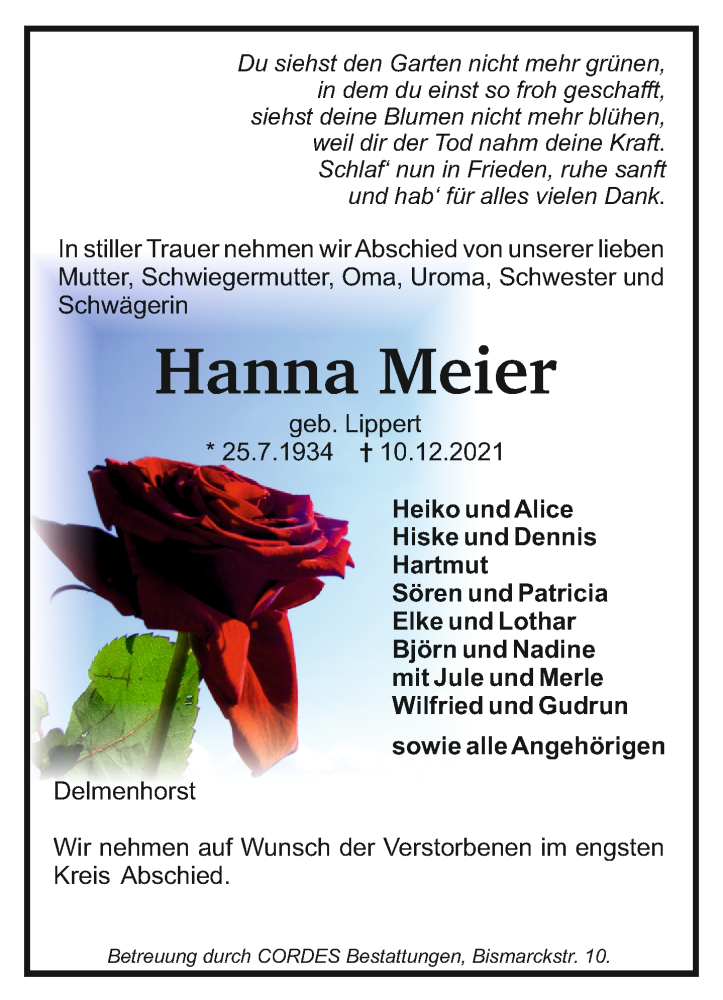  Traueranzeige für Hanna Meier vom 15.12.2021 aus trauer.de