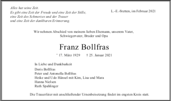 Todesanzeige von Franz Bollfras von trauer.de