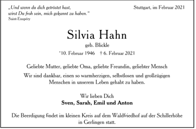  Traueranzeige für Silvia Hahn vom 13.02.2021 aus Trauer.de