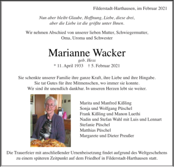 Todesanzeige von Marianne Wacker von Trauer.de