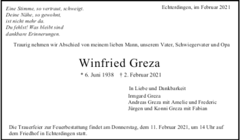 Todesanzeige von Winfried Greza von trauer.de