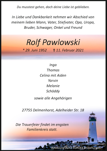 Todesanzeige von Rolf Pawlowski von Trauer.de