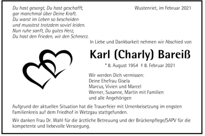  Traueranzeige für Karl Bareiß vom 19.02.2021 aus Trauer.de