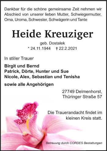 Todesanzeige von Heide Kreuziger von Trauer.de