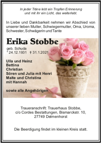 Todesanzeige von Erika Stobbe von trauer.de