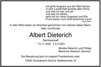 Todesanzeige von Albert Dieterich von Trauer.de
