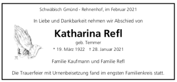 Todesanzeige von Katharina Refl von trauer.de