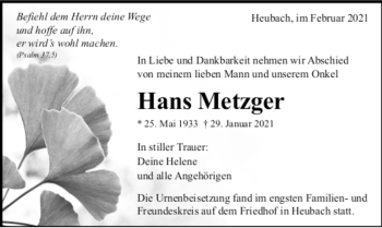 Todesanzeige von Hans Metzger von Trauer.de
