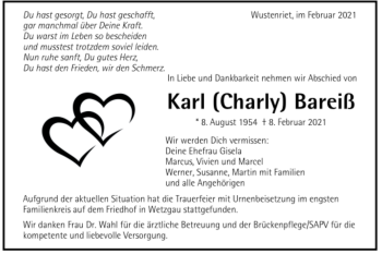 Todesanzeige von Karl Bareiß von Trauer.de