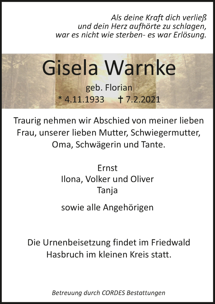  Traueranzeige für Gisela Warnke vom 10.02.2021 aus Trauer.de