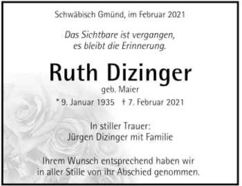 Todesanzeige von Ruth Dizinger von Trauer.de