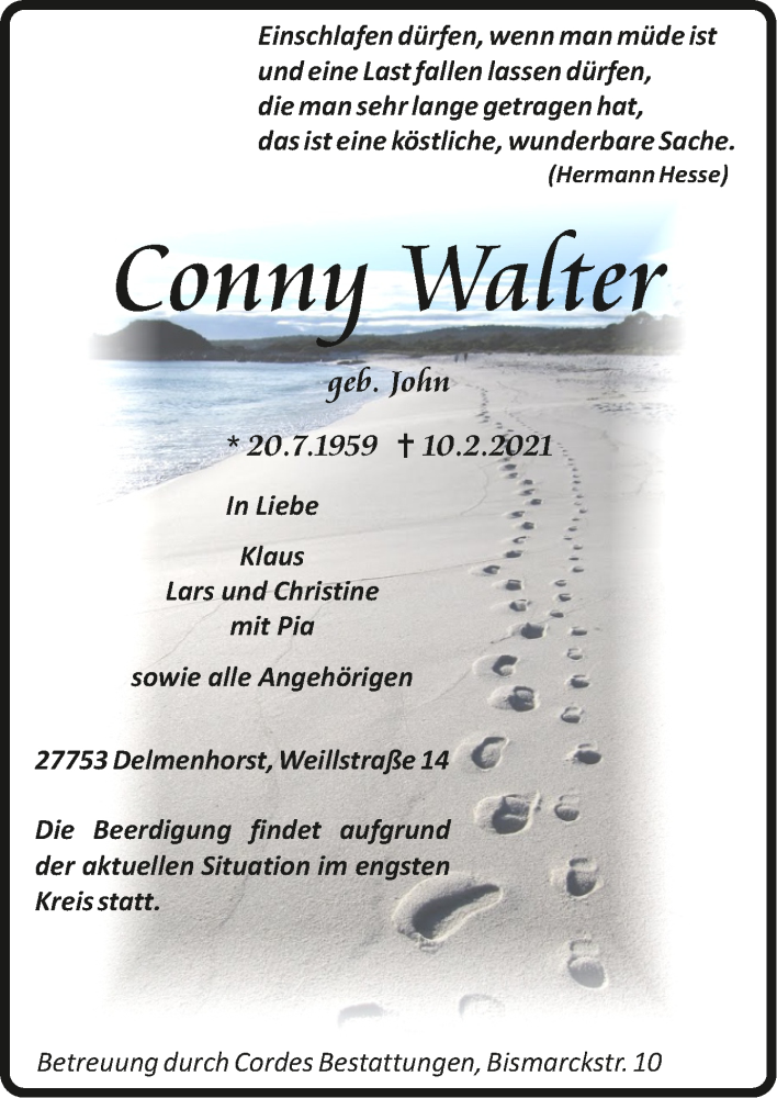  Traueranzeige für Conny Walter vom 13.02.2021 aus Trauer.de