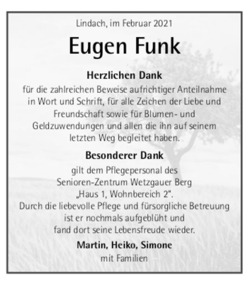 Todesanzeige von Eugen Funk von trauer.de
