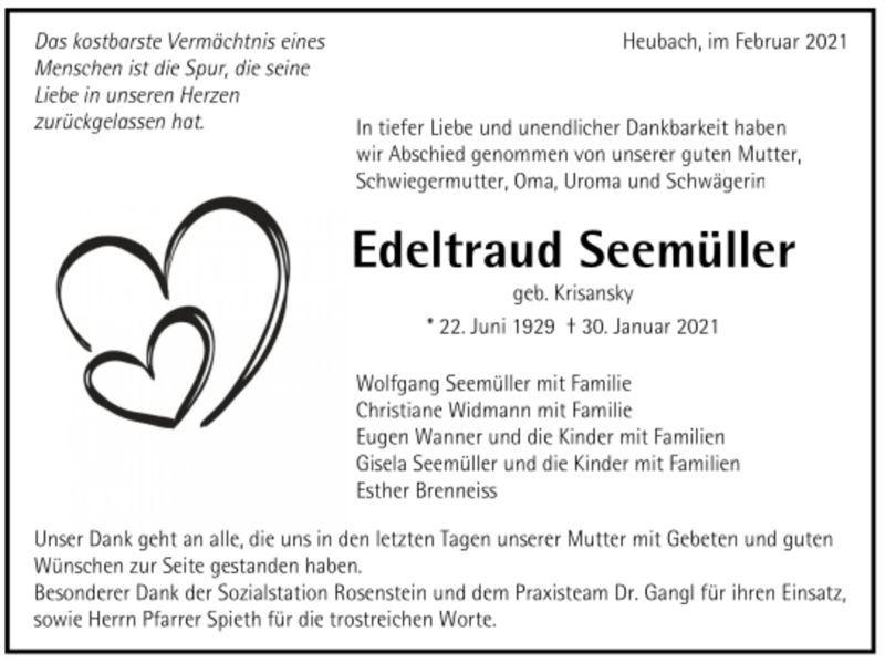  Traueranzeige für Edeltraud Seemüller vom 11.02.2021 aus Trauer.de
