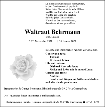 Todesanzeige von Waltraut Behrmann von Trauer.de