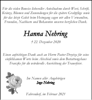 Todesanzeige von Hanna Nehring von trauer.de