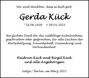 Todesanzeige von Gerda Kück von Trauer.de
