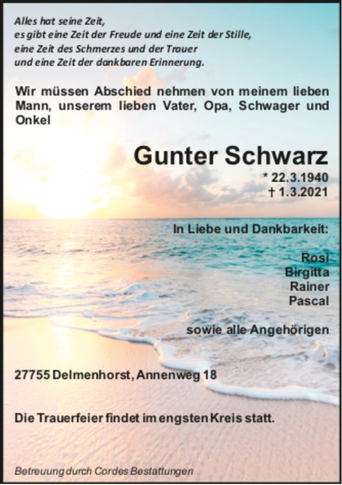  Traueranzeige für Gunter Schwarz vom 06.03.2021 aus trauer.de