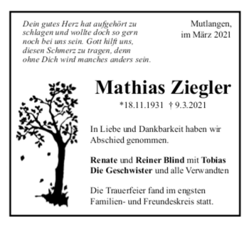 Todesanzeige von Mathias Ziegler von trauer.de