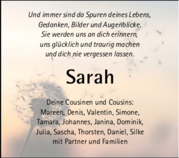 Todesanzeige von Sarah Dworschak von Trauer.de