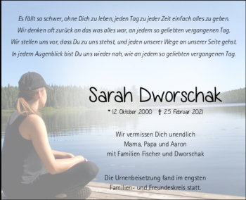Todesanzeige von Sarah Dworschak von Trauer.de