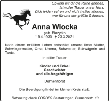 Todesanzeige von Anna Wlocka von Trauer.de