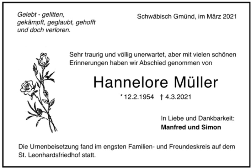  Traueranzeige für Hannelore Müller vom 18.03.2021 aus Trauer.de