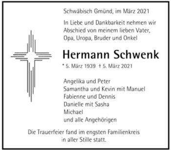 Todesanzeige von Hermann Schwenk von Trauer.de