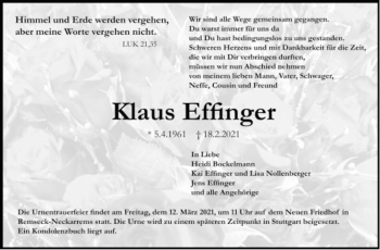 Todesanzeige von Klaus Effinger von Trauer.de