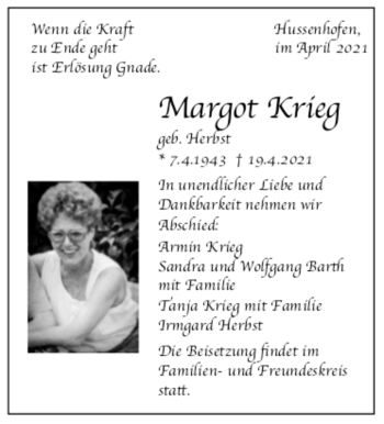 Todesanzeige von Margot Krieg von trauer.de