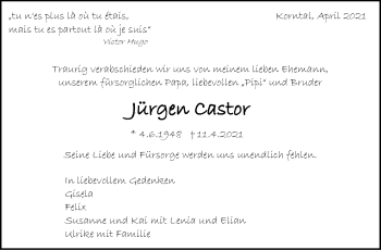 Todesanzeige von Jürgen Castor von Trauer.de