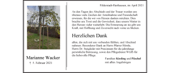 Todesanzeige von Marianne Wacker von Trauer.de