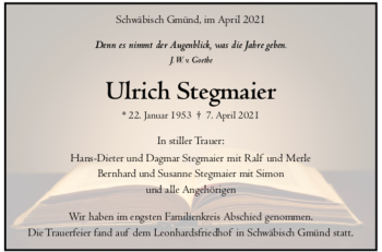 Todesanzeige von Ulrich Stegmaier von trauer.de