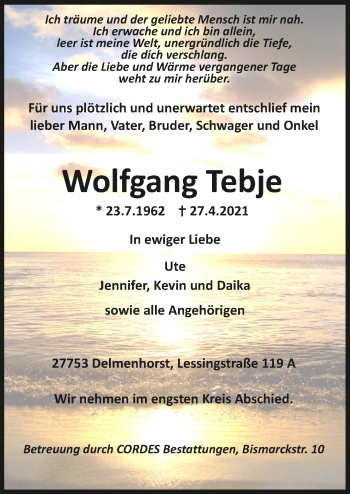Todesanzeige von Wolfgang Tebje von Trauer.de