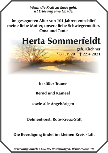 Todesanzeige von Herta Sommerfeldt von Trauer.de
