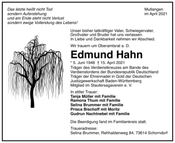 Todesanzeige von Edmund Hahn von Trauer.de