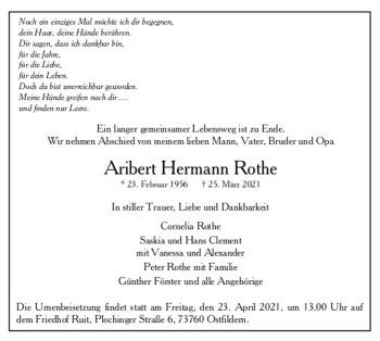 Todesanzeige von Aribert Hermann Rothe von trauer.de