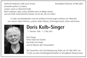 Todesanzeige von Doris Kolb-Singer von Trauer.de