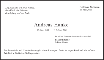 Todesanzeige von Andreas Hanke von Trauer.de